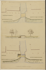 216209 Plattegrond van de bestaande houten brug en een tweede plattegrond met opstand van het ontwerp voor een ...